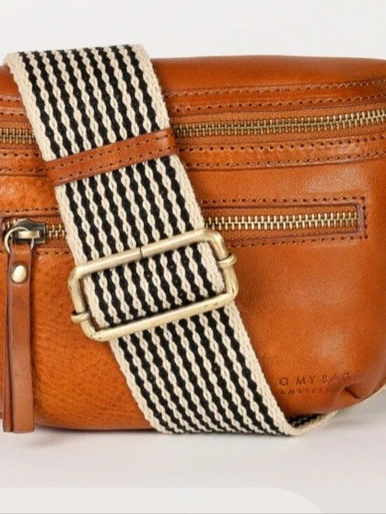Handbags - O MY BAG AMSTERDAM. Tan Leather Crossbody with Striped Canvas Strap. PRICE DROP